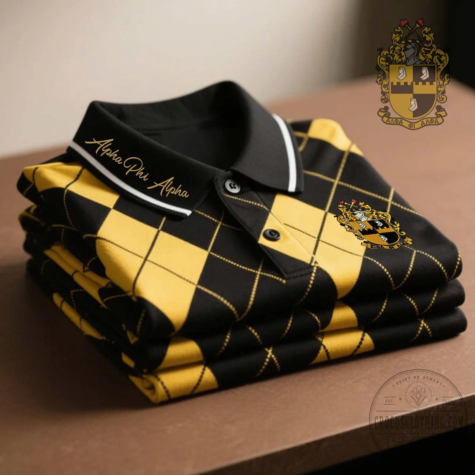Alpha Phi Alpha Fraternity Incorporated Black and Gold Argyle Polo Shirt