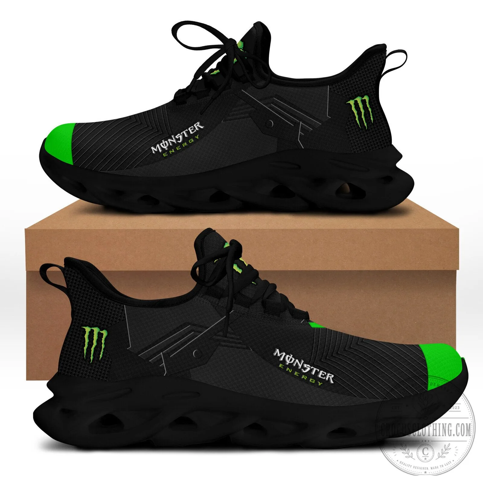 Monster Energy Drink Logo Black And Green Athletic Running Shoes