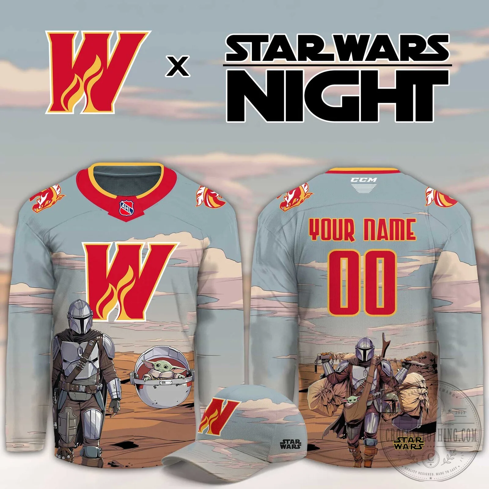 Calgary Wranglers Star Wars Night Mandalorian Grogu Hockey Jersey