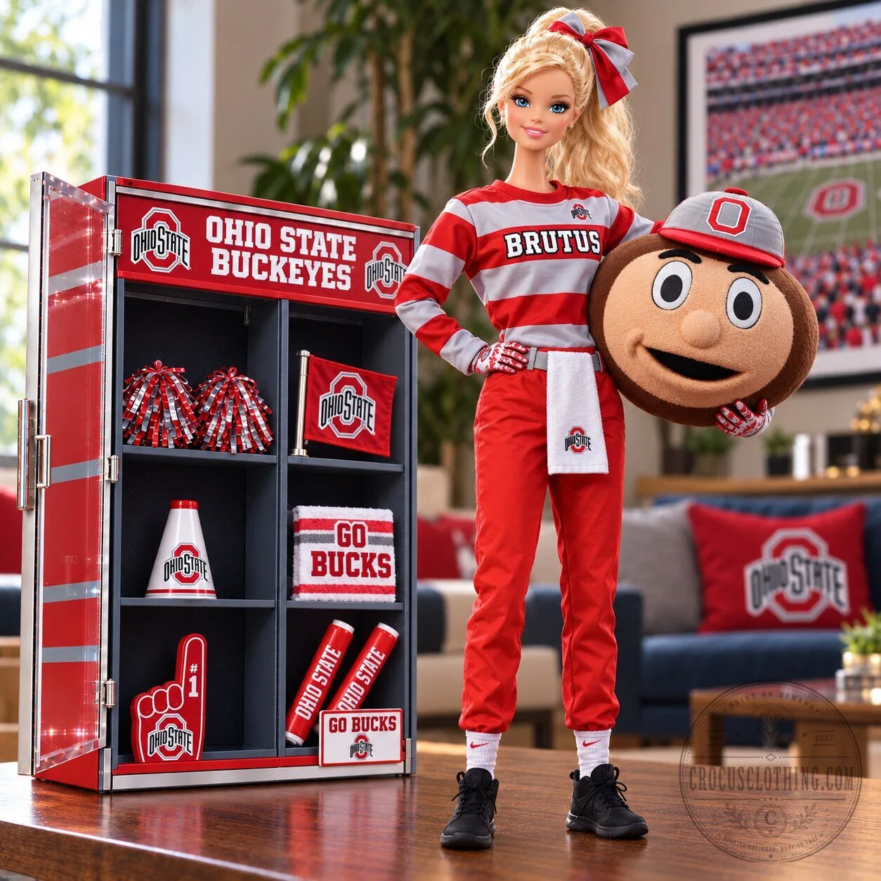 Ohio State Buckeyes Barbie Doll with Brutus Buckeye Mascot and Display Case