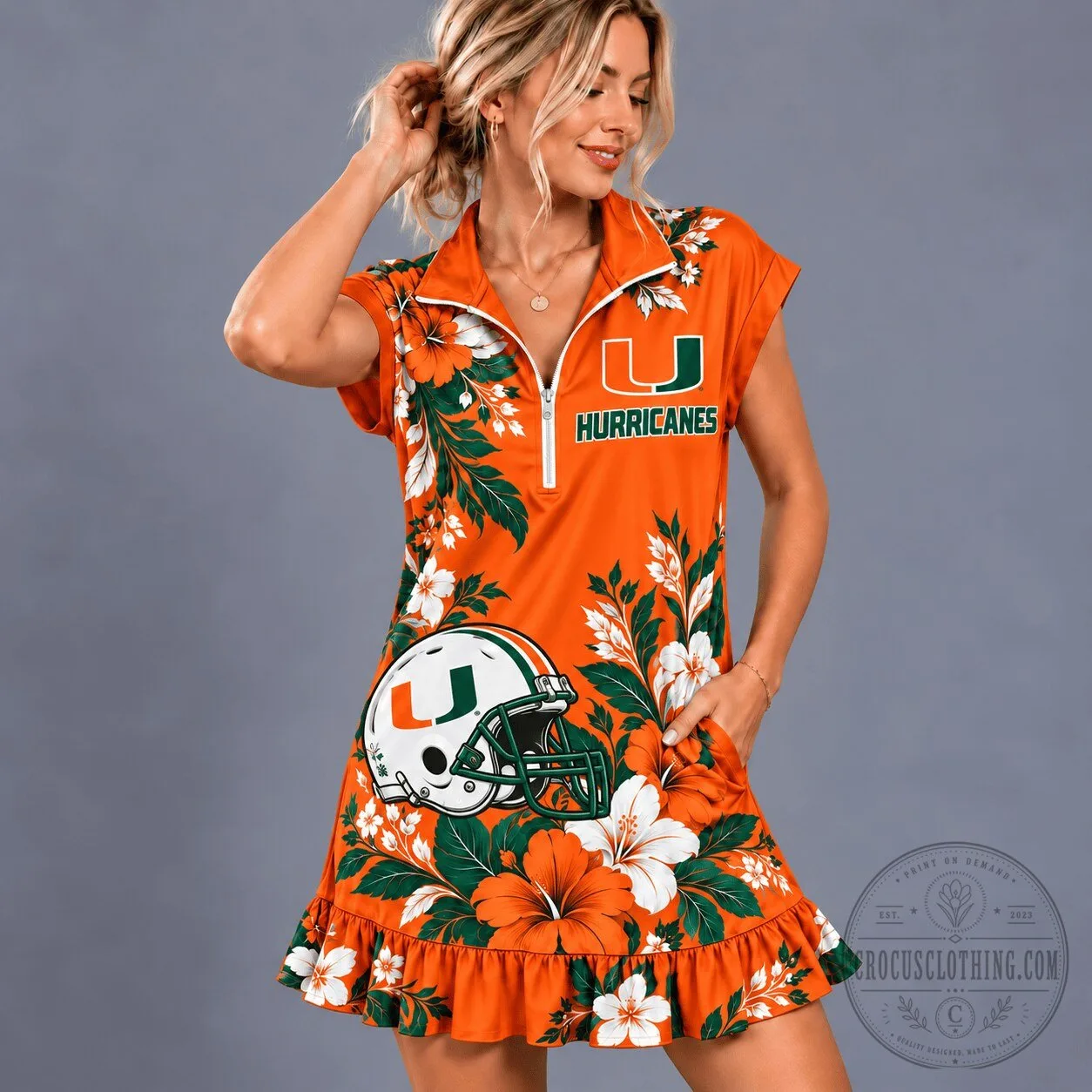 Miami Hurricanes NCAA Football Team Floral Quarter-Zip Ruffle Dress 1 Miami Hurricanes NCAA Football Team Floral Quarter-Zip Ruffle Dress