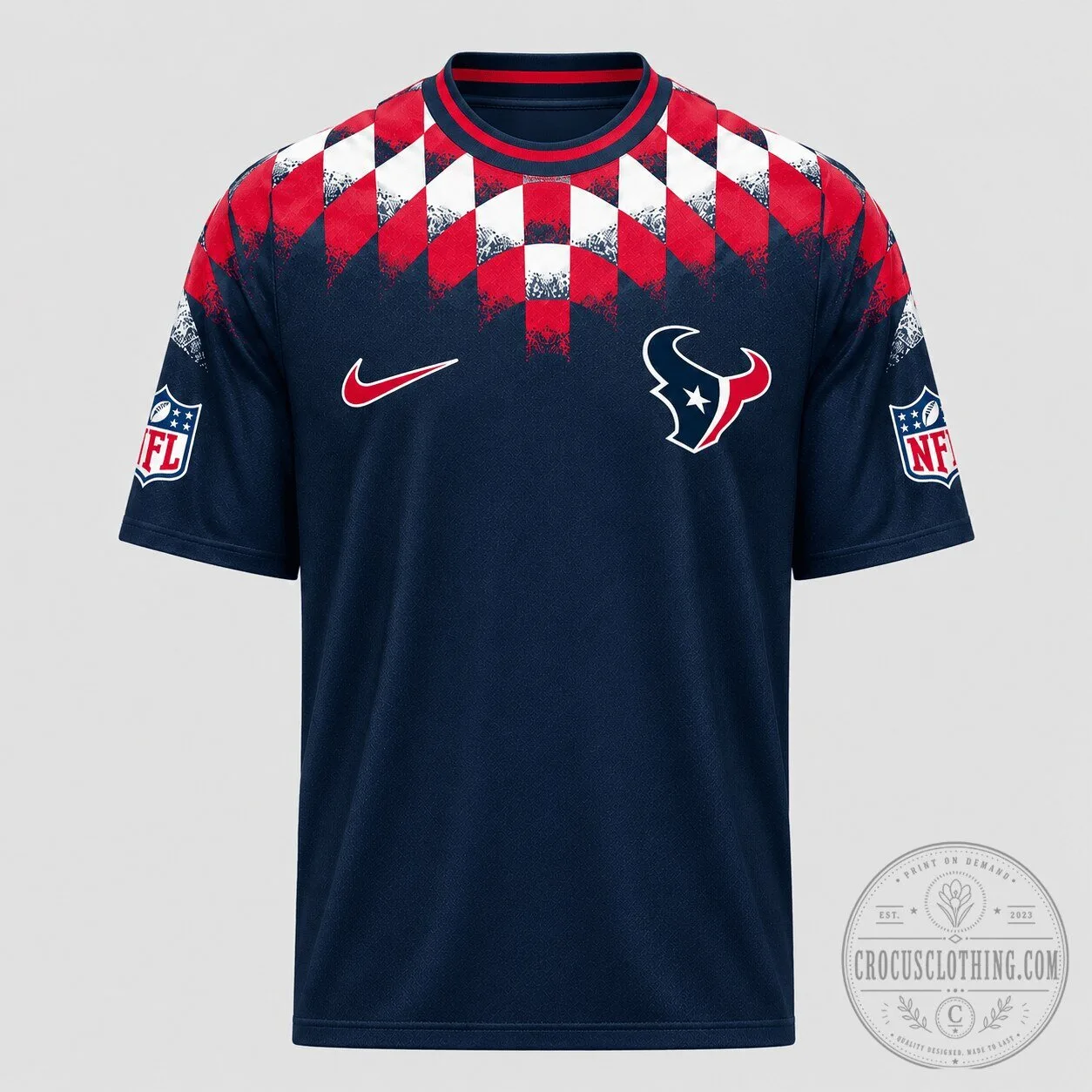 Houston Texans NFL Football Team Navy Blue Red White Checkerboard Fan Jersey