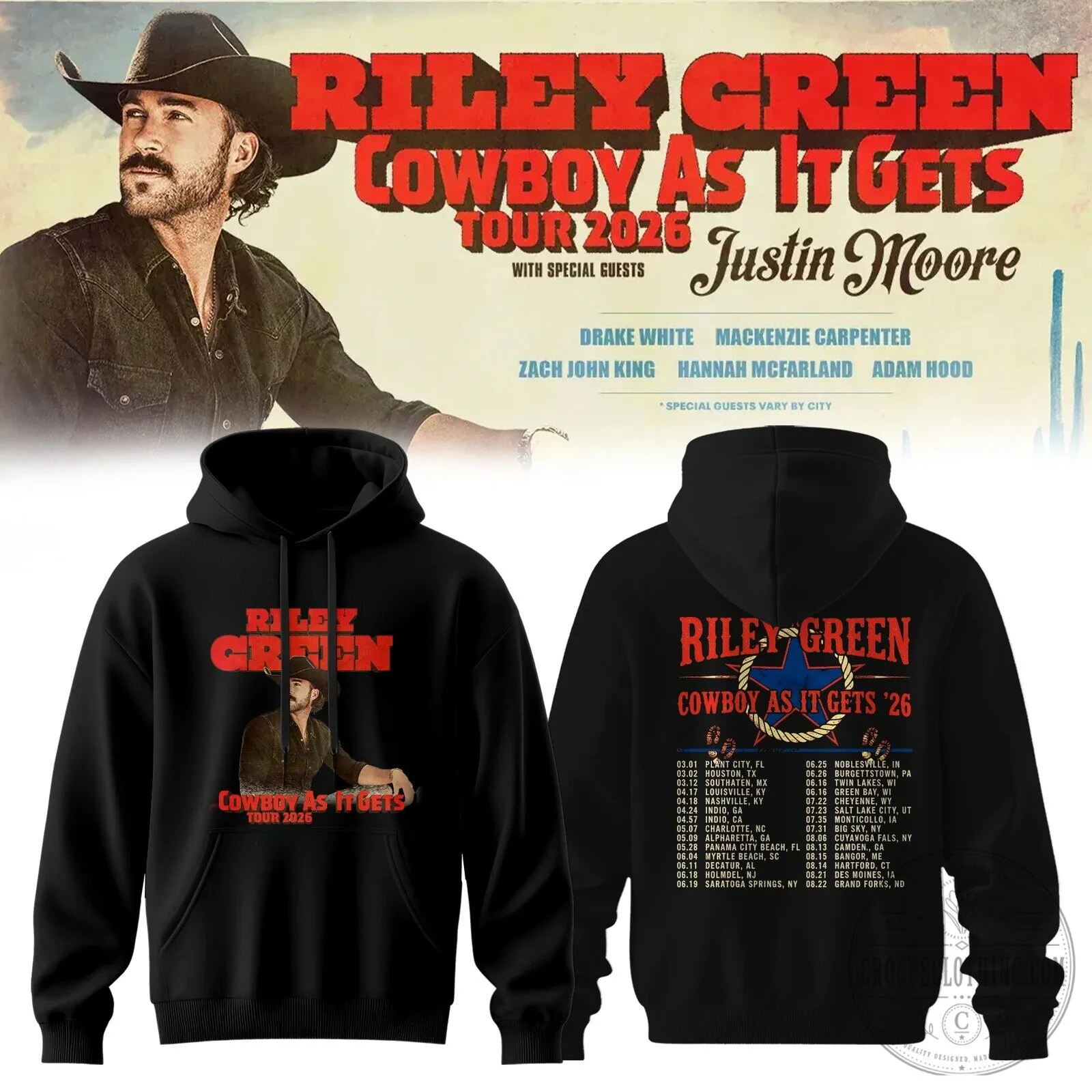 Black Hoodie for Riley Green's Cowboy As It Gets Tour 2026 Concert Dates