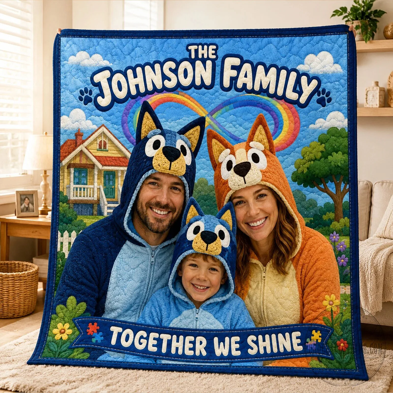 Bluey Inspired Johnson Family Together We Shine Personalized Quilt Blanket