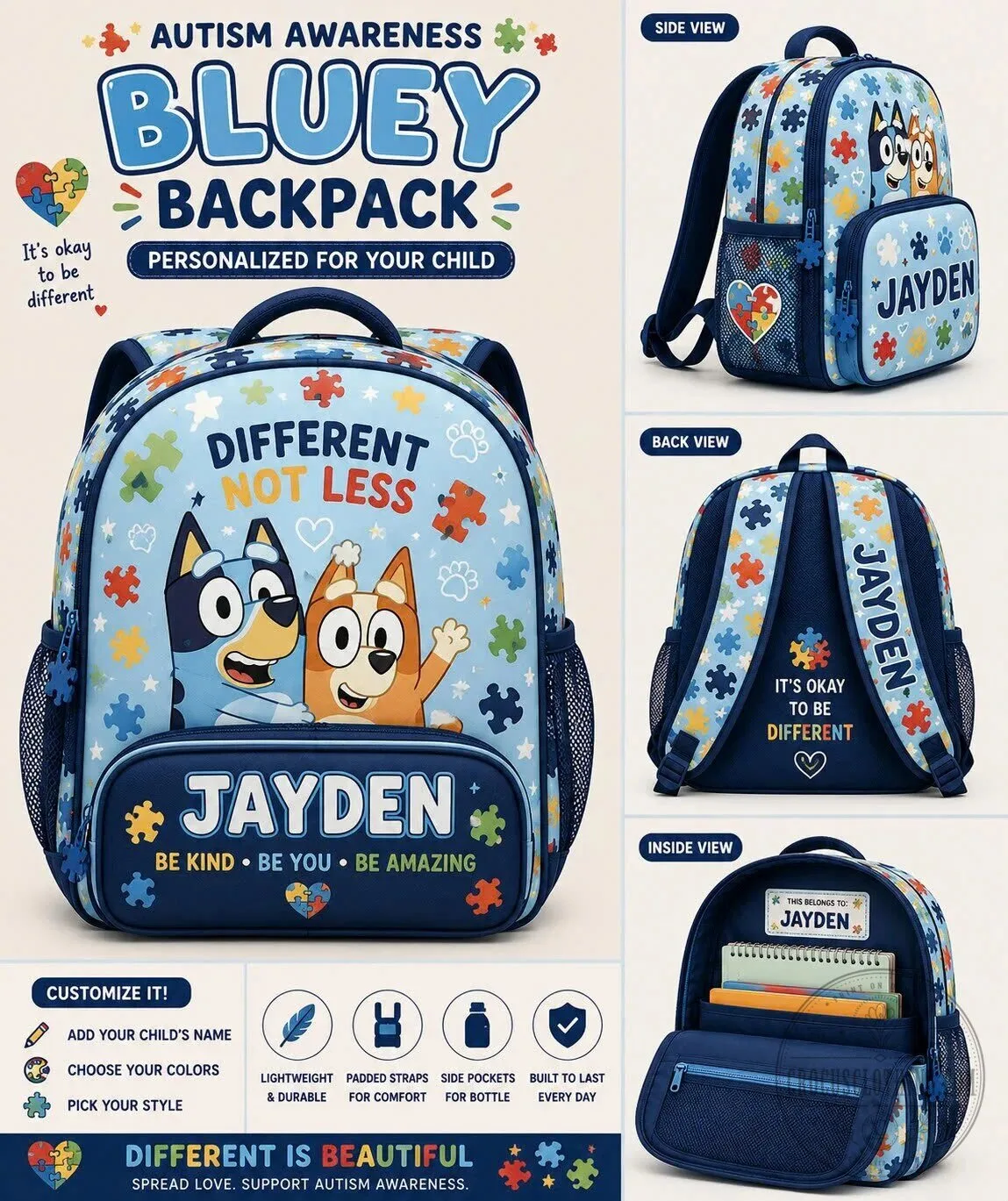 Bluey Autism Awareness Personalized Kids Backpack for Boys and Girls