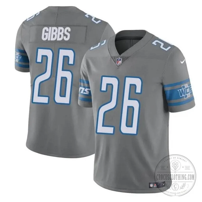 Jahmyr Gibbs Detroit Lions Gray Football Jersey Number 26
