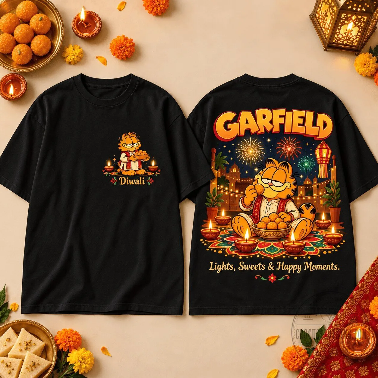 Garfield Diwali Lights Sweets Happy Moments Cartoon Character T-Shirt