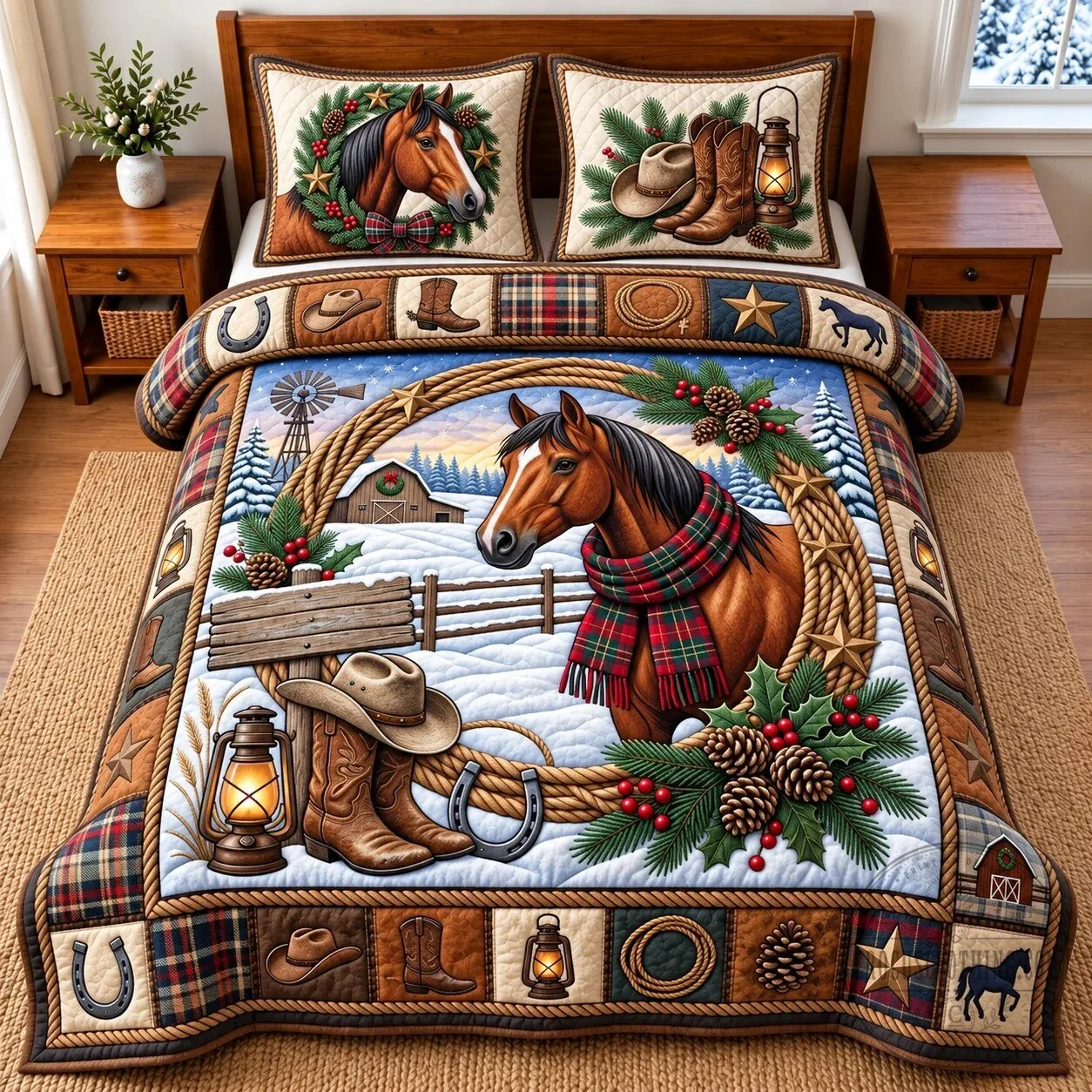 Winter Horse Western Cowboy Christmas Quilted Bedding Set with Pillow Shams