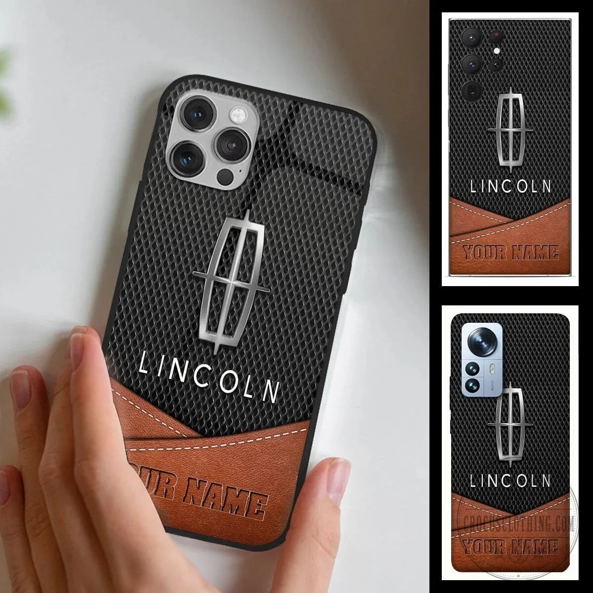 Lincoln Car Logo Custom Name Black Textured Leather Phone Case