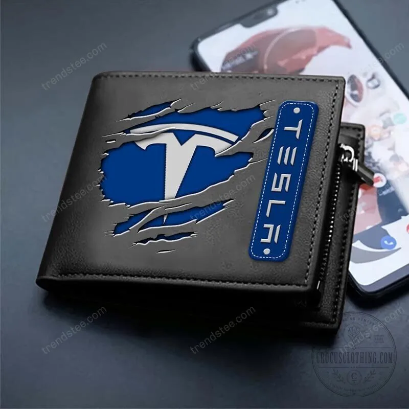 Tesla Logo Ripped Design Black Leather Bifold Wallet