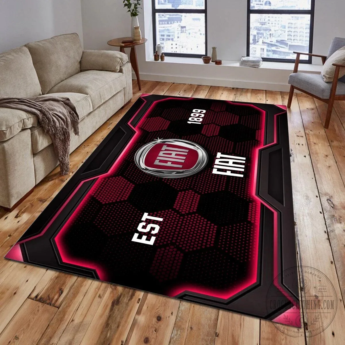 Fiat Logo Est 1899 Black and Red Honeycomb Pattern Area Rug