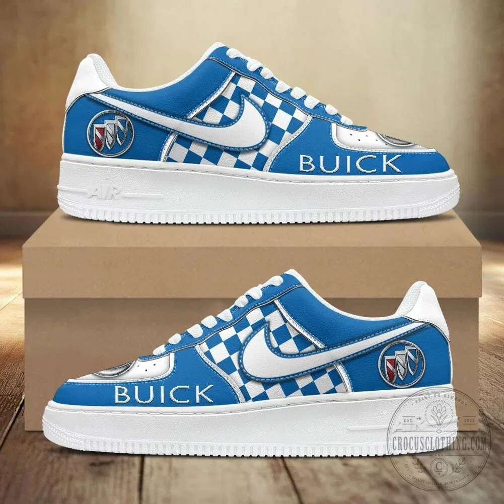 Buick Motor Company Blue Checkered Pattern Logo White Sole Sneakers