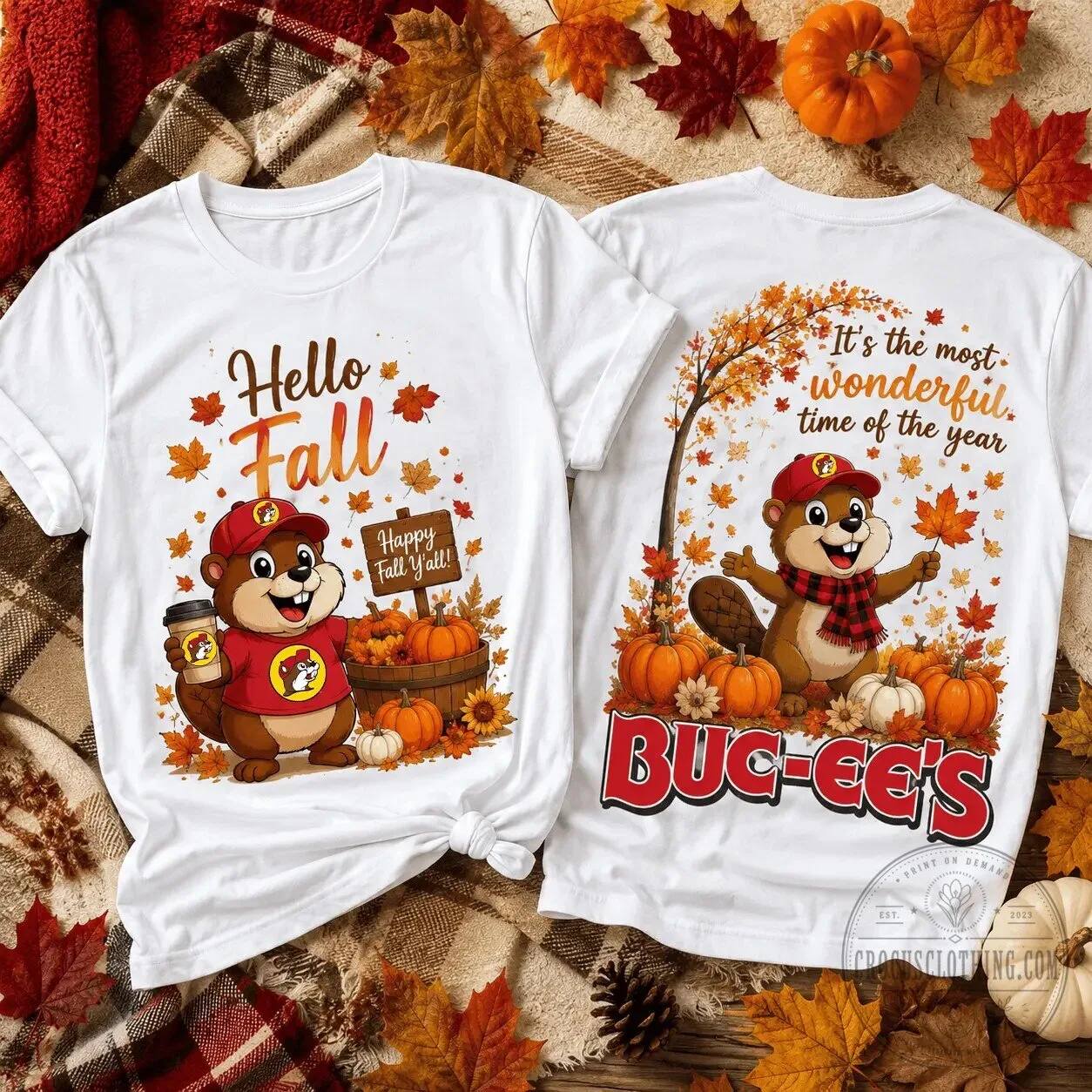 Buc-ee’s Pumpkin Shirt, Hello Fall Beaver Autumn Leaves T-Shirt