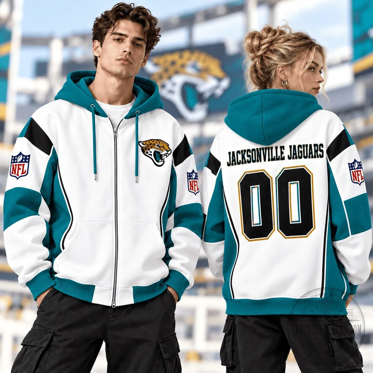 Jacksonville Jaguars NFL Football Team White Full-Zip Hoodie