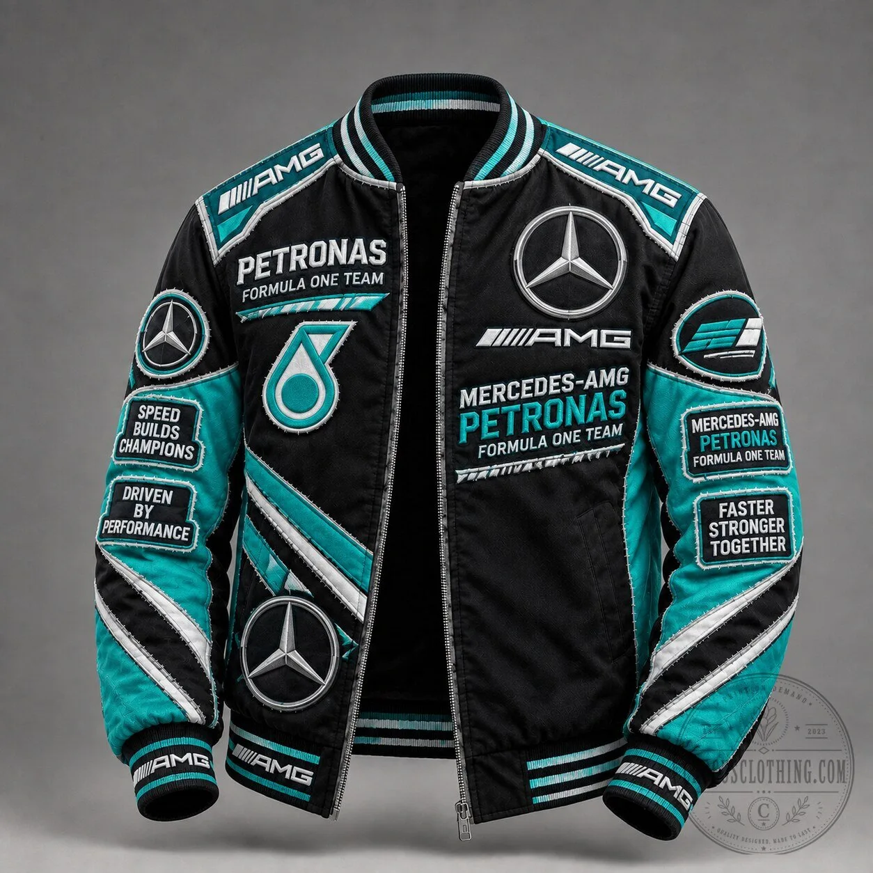 Mercedes-AMG Petronas Formula One Team Black and Teal Bomber Jacket