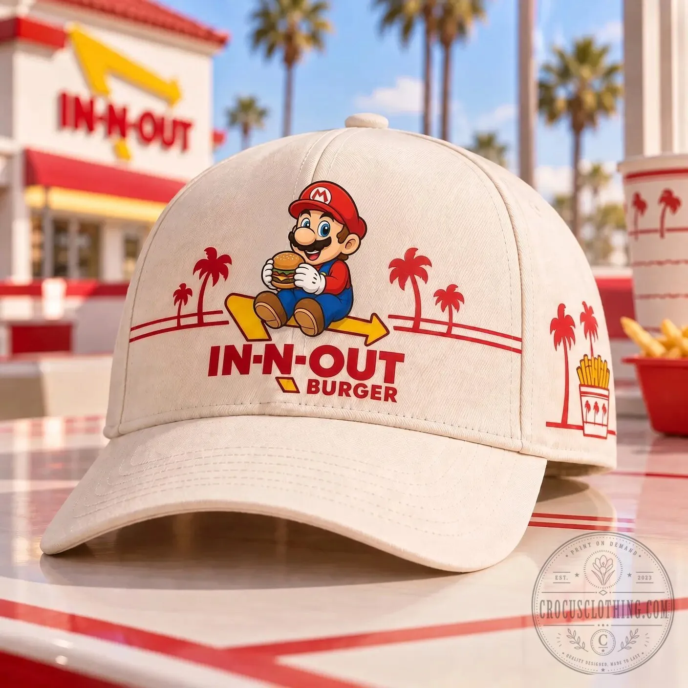 Super Mario Brothers In-N-Out Burger Fast Food Graphic Print Cap Hat