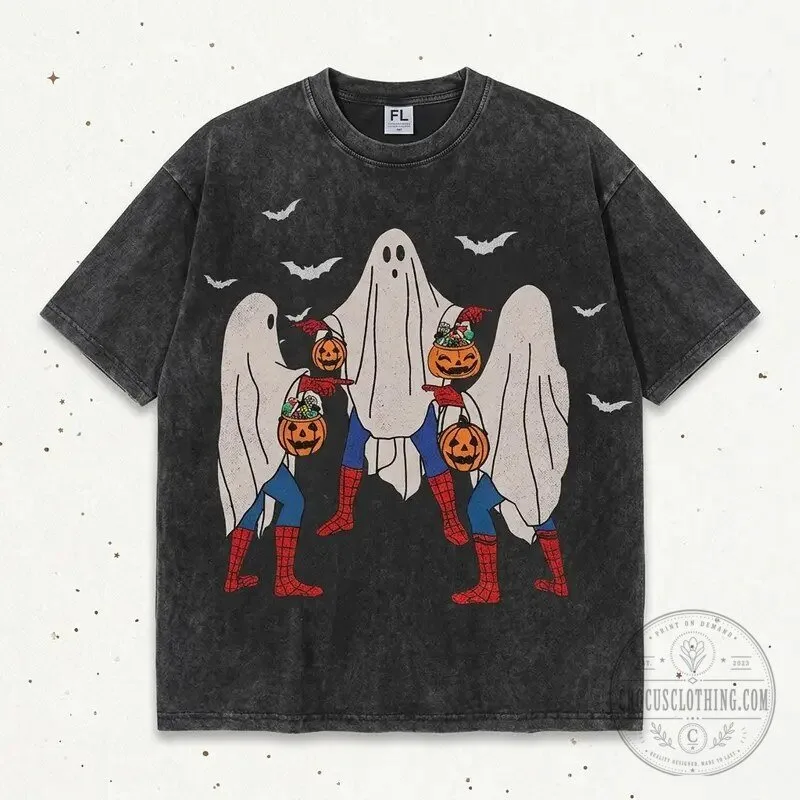 Funny Spider-Man Ghosts Halloween Trick or Treat Graphic Print T-Shirt