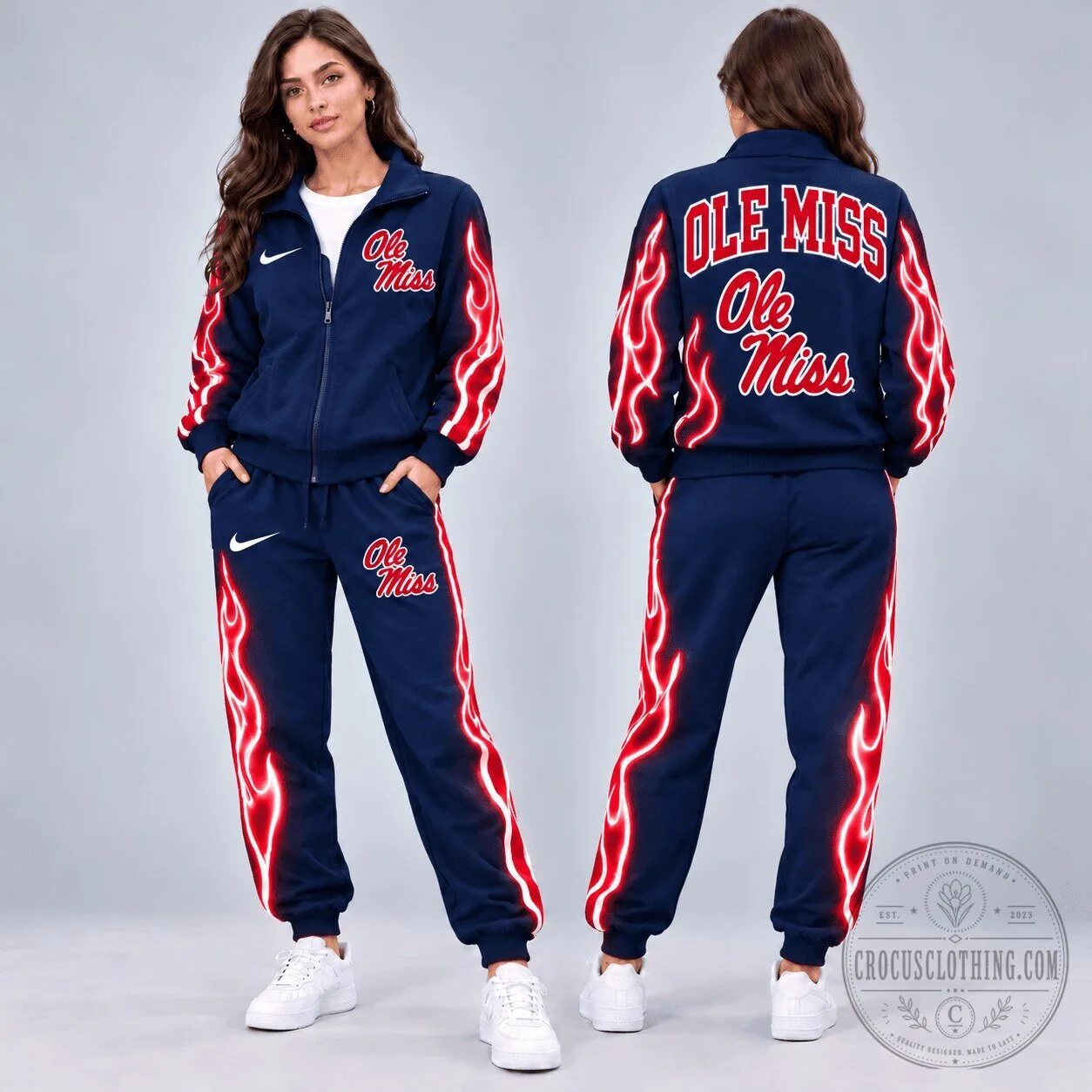 Ole Miss Rebels NCAA Neon Inferno Flames Tracksuit Hoodie and Sweatpants Set