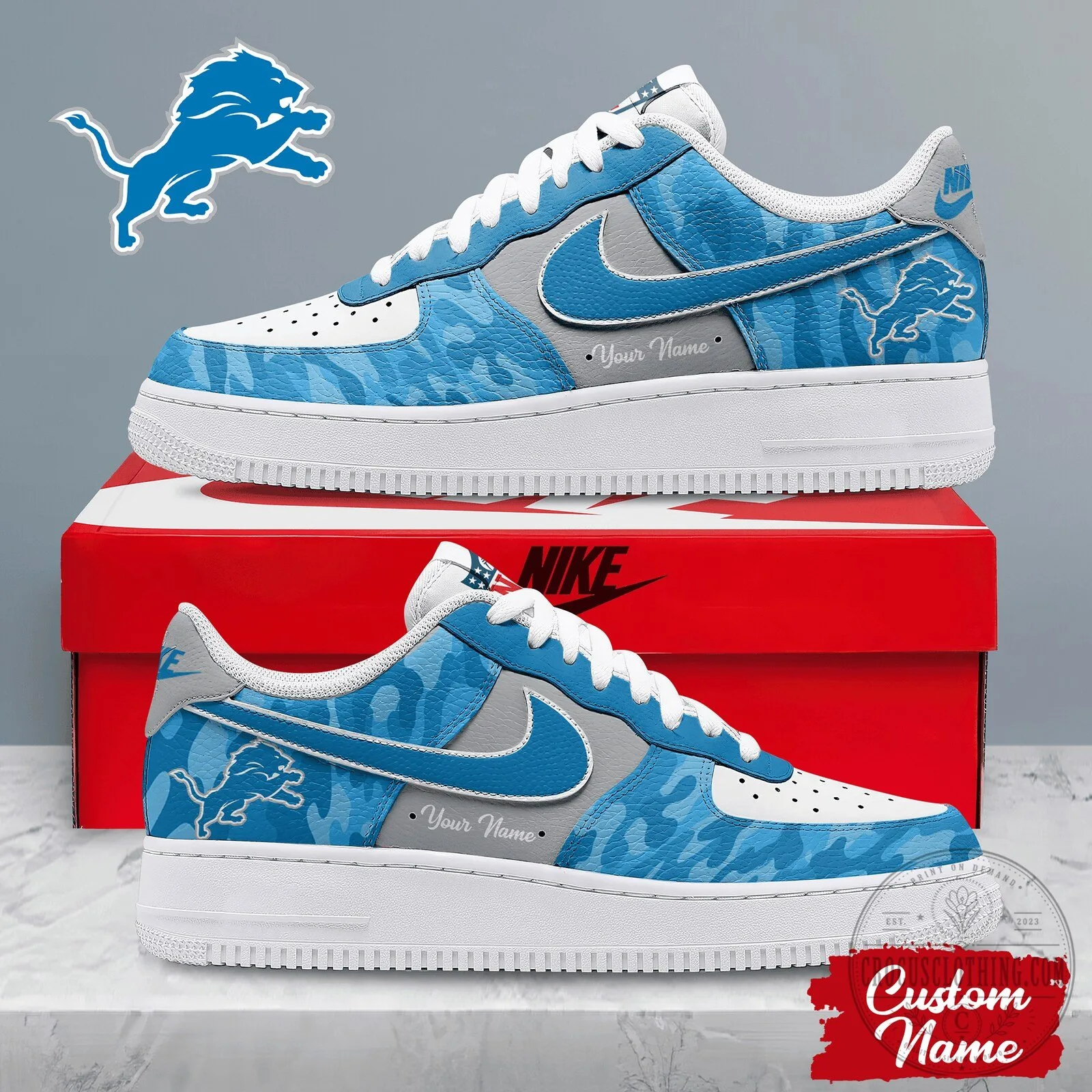 Detroit Lions NFL Team Logo Blue Camouflage Pattern Custom Name Shoes